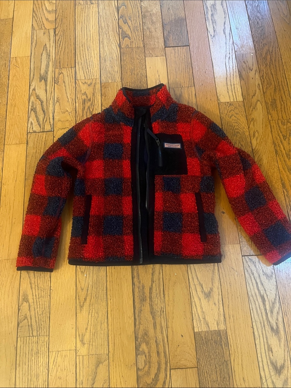Vineyard Vines Kids Red and Navy Buffalo Plaid Sherpa Jacket